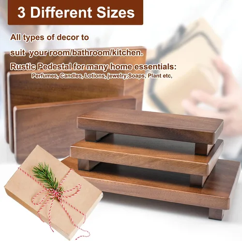 Vista 5 de Soporte de Pedestal de Madera de Nogal, Elevador de Madera para Decoración de Granja para Encimera de Cocina, Bandeja de Exhibición Rectangular