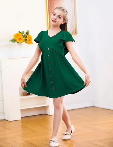 Vista 2 de UELoop Girls Summer Ruffle Sleeve Dress 2023 V-Neck Flowy Dress Kids Casual Babydoll Party A-line Swing Dresses 5-14Y