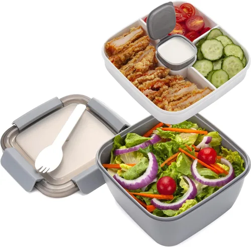 Vista 11 de Freshmage Recipiente para Ensalada para Llevar, Cuencos de Ensalada de 52 oz con 3 Compartimentos, Recipiente de Aderezos de Ensalada