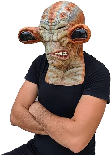 Vista 3 de Ghoulish Productions Máscara de látex alienígena rico naranja gruñón máscara de látex alienígena naranja con grandes ojos negros Ideal