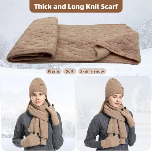 Vista 4 de Gorro de punto de invierno para mujer con guantes para pantalla táctil, gorro de pompón, bufandas para el cuello para hombres