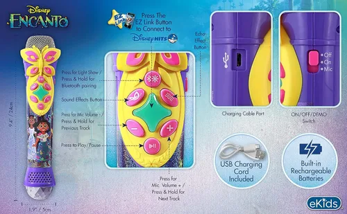 Vista 5 de eKids Disney Encanto - Micrófono de karaoke con altavoz Bluetooth, micrófono inalámbrico que se conecta a canciones de Disney a través de la función