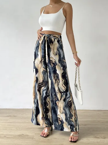 Vista 4 de WDIRARA Pantalones de pierna ancha con cinturón elástico y cintura alta para mujer