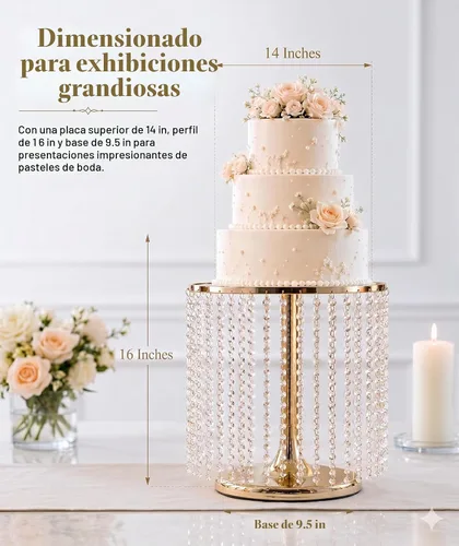 Vista 2 de Efavormart soporte para tarta de 14" de diámetro Soporte para tarta de boda redondo de metal dorado con cristal - 16" de alto