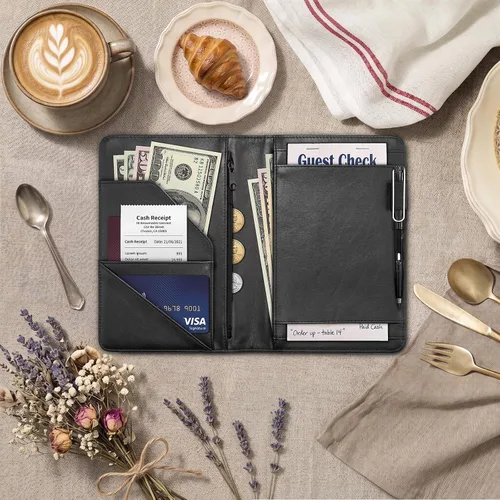 Vista 5 de Server Book for Waitress,Waiter Book with Zipper Pocket,PU Leather Waitstaff Organizer Wallet with 7 Pockets,Guest Check & Money Holder,Fits Server