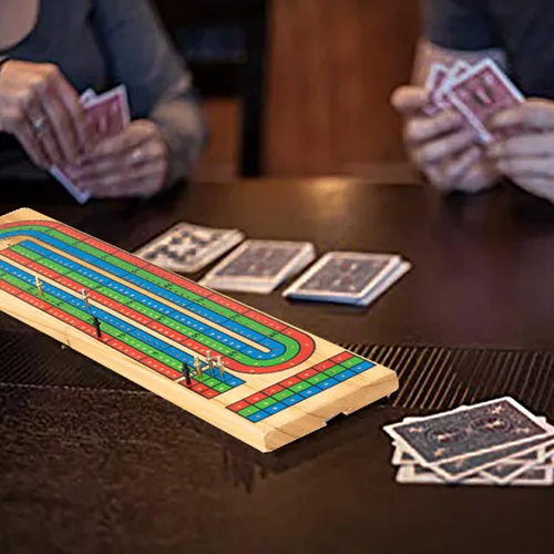 Vista 5 de FUNPENY juego de Cribbage tradicional de madera, de 3 pistas con código de color, con fichas de metal y baraja de cartas de juego