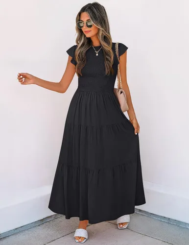 Vista 6 de ZESICA - Vestido por debajo de la rodilla para mujer, diseño informal y escalonado de manga corta, con cuello redondo y cintura elástica fruncida
