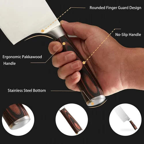 Vista 4 de Cuchillo de carnicero profesional de acero inoxidable 7CR17MOV de 7 pulgadas, mango ergonómico de madera de Pakka con afilador de cuchillos