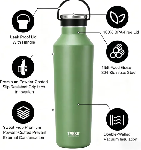 Vista 6 de TYESO Botella de agua de acero inoxidable aislada al vacío, botella de agua aislada con asa de transporte de silicona suave (verde, 25 onzas)
