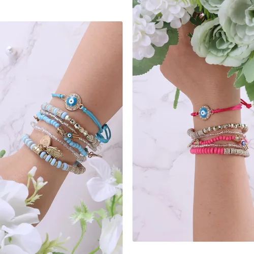 Vista 10 de 12 pulseras para mujer, pulsera de protección, pulsera de amistad, pulsera de ojo de diablo con cuentas, pulsera de moda bohemia multicapa