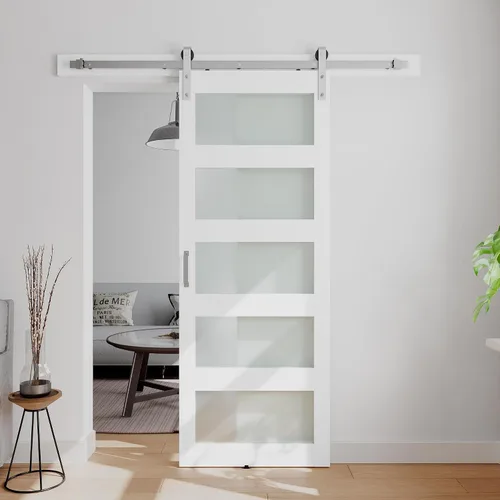 Vista 11 de Puerta corrediza de granero de vidrio de 5 paneles de 32 pulgadas x 84 pulgadas con kit de herrajes de 4 pies Blanco