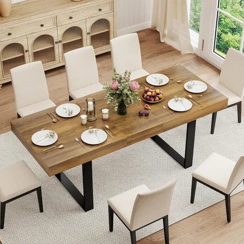 Vista 13 de Zevemomo Mesa de Comedor Expandible de 63"-78.7", Mesa de Cocina Estilo Granja para 6-10 Personas, Mesa de Comedor Rectangular Extensible, con Riel