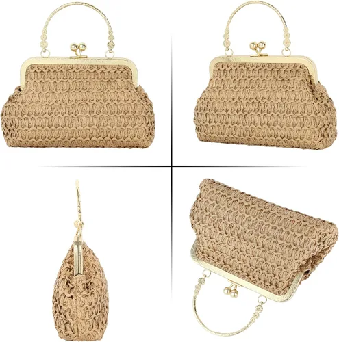 Vista 7 de Mini bolso de embrague tejido de paja para mujer, bolso cruzado con correa de cadena