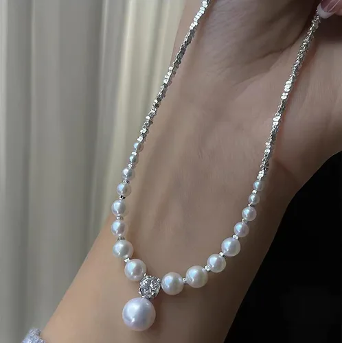 Vista 7 de Collar de perlas de plata triturada para mujer, collar de clavícula, collar de clavícula, gargantilla de perlas artificiales blancas, joyería de moda
