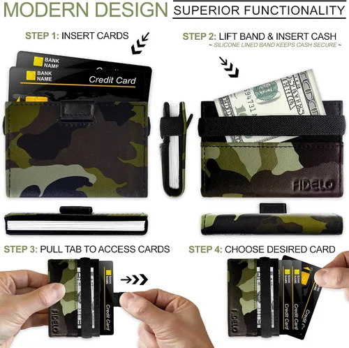 Vista 5 de Cartera minimalista para tarjetas de crédito, Fidelo - Cartera delgada para hombre, bloqueo RFID + cuero genuino de grano completo, Borde "Woodland