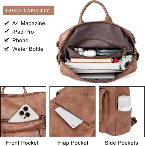 Vista 4 de CLUCI Mochila de cuero para mujer, mochila grande de viaje, a la moda, convertible, diseñador, trabajo, bolsos de hombro, 1 Marrón, Mochilas Daypack