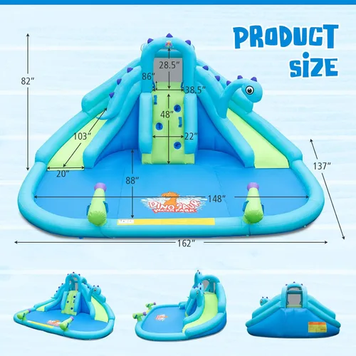 Vista 3 de BOUNTECH Parque inflable de tobogán acuático con dinosaurio, parque acuático de toboganes dobles con pared de escalada, castillo animoso