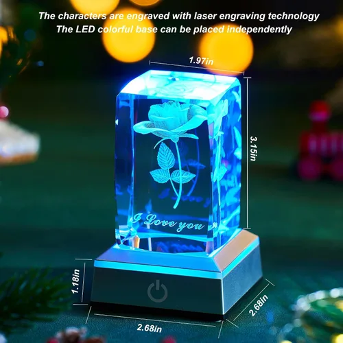 Vista 4 de Lámpara Nocturna de Cristal de Rosa 3D con Luces LED Ajustables - Te Amo, Ideas de Regalo para el Día de la Madre, San Valentín, Aniversario, Regalo