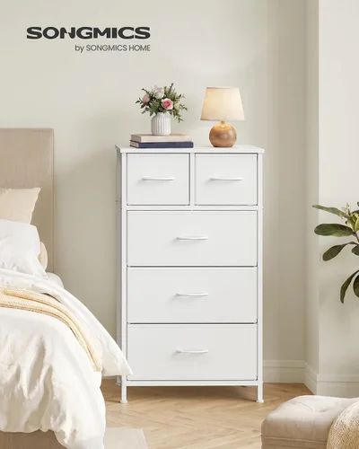 Vista 3 de SONGMICS Cómoda alta para dormitorio, 5 cajones de tela con marco de acero Blanco nube
