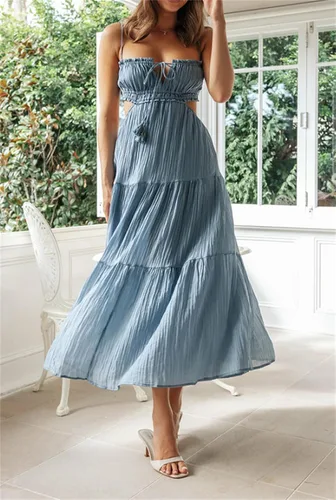 Vista 3 de Vestido largo, informal de verano, estilo bohemio, al tobillo, sin mangas, con lazo, mucho vuelo y bonita caída, de playa para vacaciones, para mujer