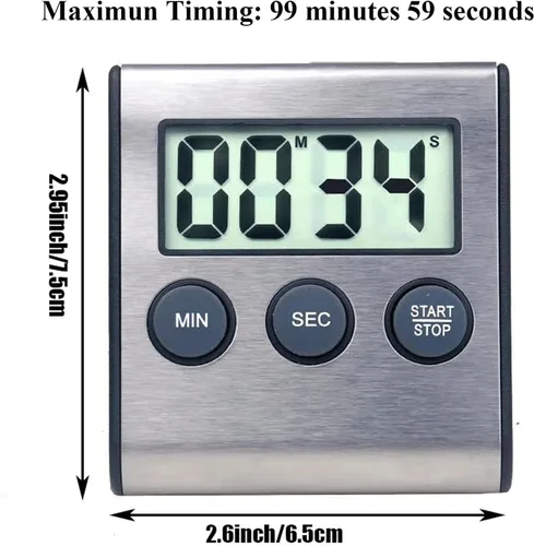 Vista 2 de Temporizador digital de cocina - Cuenta regresiva magnética con alarma fuerte, acero inoxidable para cocinar, hornear, juegos deportivos