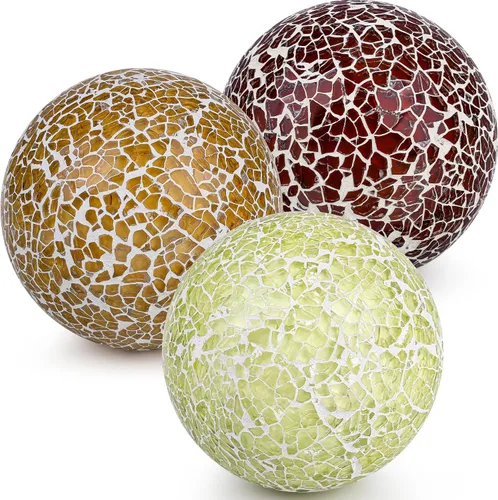 Vista 8 de 3 bolas decorativas de mosaico de vidrio, 3.35 pulgadas, color marrón Bonito aspecto y peso pesado, vidrio y piedra, relleno de tazón, centros