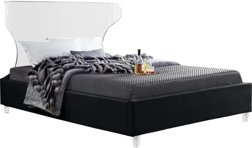 Vista 6 de Meridian Furniture Colección Ghost Modern Cama tapizada de terciopelo contemporánea con cabecera y patas acrílicas, tamaño individual, color negro