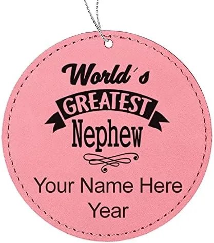 Vista 3 de LaserGram Personalized Christmas Ornament, World's Greatest Nephew, Faux Leather, Custom Laser Engraved Gift Idea (Round Shape, Black with Gold)