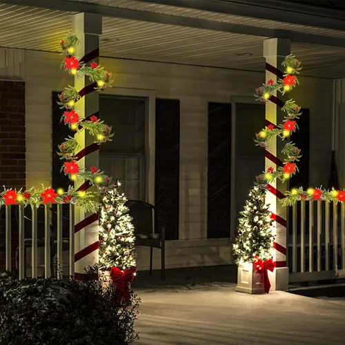 Vista 8 de DR.DUDU Guirnalda de Navidad artificial preiluminada de 6 pies con 20 luces LED, funciona con pilas con piñas, bayas rojas, agujas de pino, corona