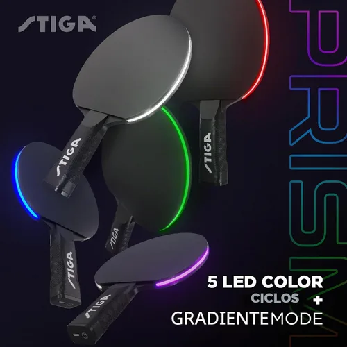 Vista 3 de STIGA Prism - Paleta LED de ping pong, 5 ciclos de color LED, modo degradado de color, incluye 3 bolas que brillan en la oscuridad, esponja de 0.059