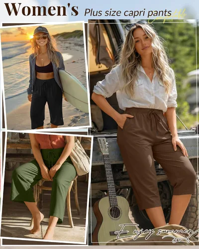 Vista 4 de Paquete de 3 pantalones capri de talla grande para mujer, ajuste holgado, pierna ancha, pantalones recortados para yoga, descanso, entrenamiento