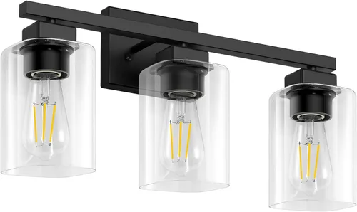 Vista 8 de Lámpara de baño de 3 luces de 19 pulgadas, moderna lámpara de tocador negra, accesorios de iluminación de baño sobre espejo, lámpara de aplique