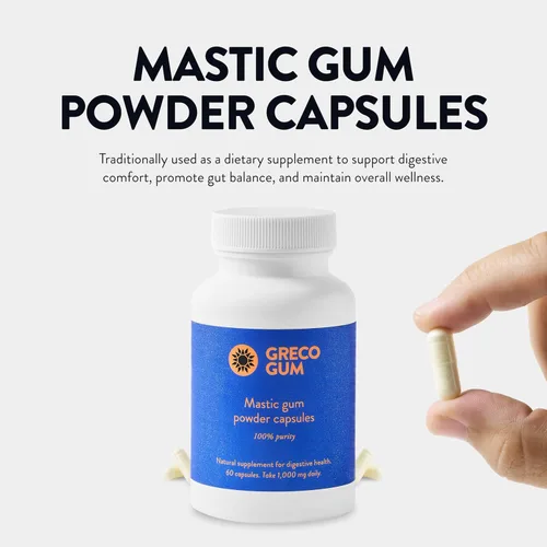 Vista 2 de Cápsulas de masilla de 500 mg - Suplemento griego Chios Mastiha para la salud intestinal, apoyo digestivo y alivio de la hinchazón - Polvo de goma