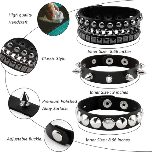 Vista 3 de Eigso 3 pulseras punk de cuero para hombres y mujeres de Rock Rivet Wrap Retro Spike pulsera ajustable