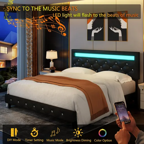 Vista 6 de TTVIEW Base de cama Queen con luces LED, marco de cama de plataforma de cuero con cabecera tapizada ajustable, luces LED de control de aplicación