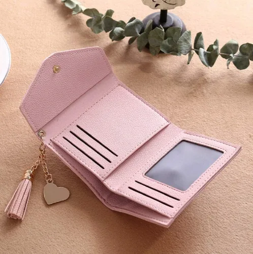Vista 3 de Cartera pequeña de cuero para mujeres y niñas con tarjetero, Rosado, Cartera con tarjetero