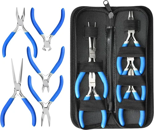 Vista 10 de SOONAN 5 Piezas Alicates Mini, Juego de Herramientas Duraderas Cortadores de Cables – Punta de Aguja Larga, Nariz Larga, Alicate de Punta Curvada