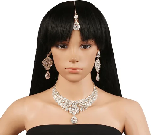 Vista 9 de Touchstone Conjunto de collar de joyería nupcial de diseño nupcial con diamantes de imitación blancos y zafiro sintético azul para mujeres en oro