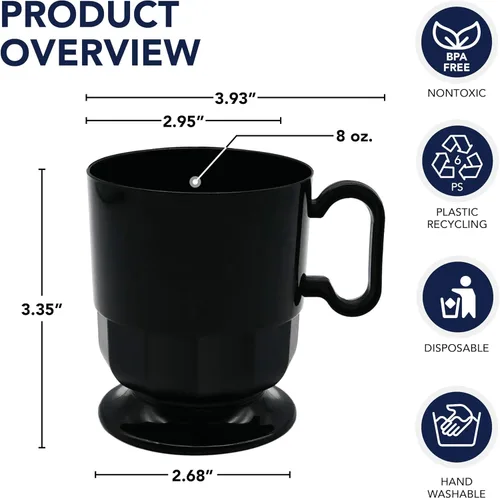 Vista 2 de Party Essentials Tazas de té de plástico duro de 8 onzas con asas, 40 unidades, color negro de lujo