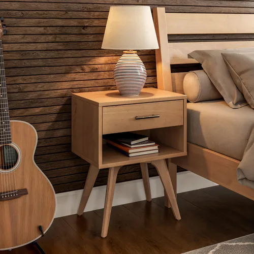 Vista 4 de Camaflexi Mid Century Modern One Drawer Nightstand/Solid Wood/Partial Assembly Required - Light Oak Finish