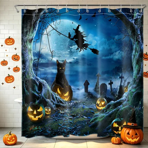 Vista 17 de LB Cortina de ducha espeluznante de Halloween, árbol muerto espeluznante con tela de araña de murciélago, cortina de ducha de baño con temática