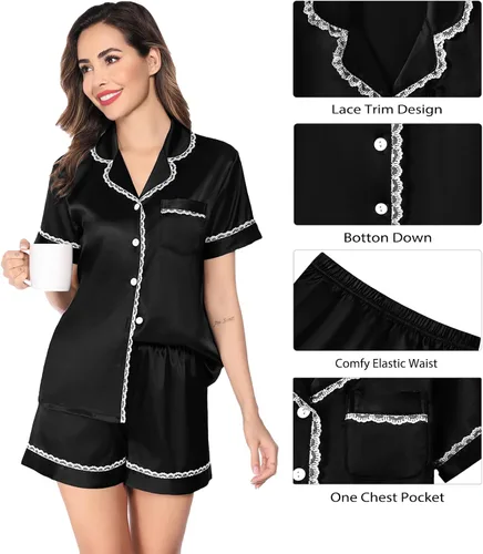 Vista 4 de SWOMOG Conjunto de pijama de satén de seda para mujer, ropa de dormir de manga corta, suave, con botones, 2 piezas, pijama de encaje