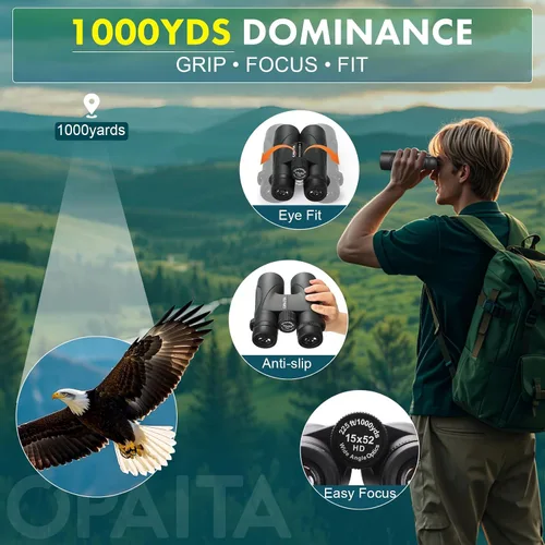 Vista 6 de HD - Binoculares de alta potencia de 15 x 52 pulgadas para adultos, binoculares profesionales de observación de aves con prisma BAK4 y lente FMC