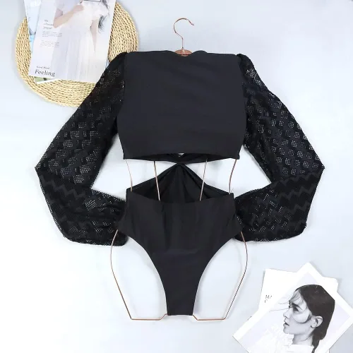 Vista 3 de ODIZLI Traje de baño de una pieza de manga larga abombada para mujer con cuello en V 2023