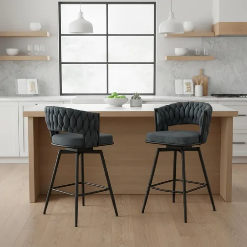 Vista 6 de Juego de 2 taburetes de bar giratorios de tela de gamuza con giro de 360°, base de metal y reposapiés, respaldo tejido tapizado para comedor, mesa