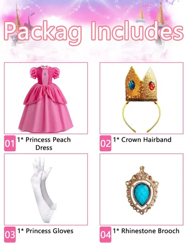 Vista 2 de Disfraz de princesa melocotón para niñas, disfraz de Super Bros con guantes de corona, disfraz de Halloween, disfraz de cumpleaños