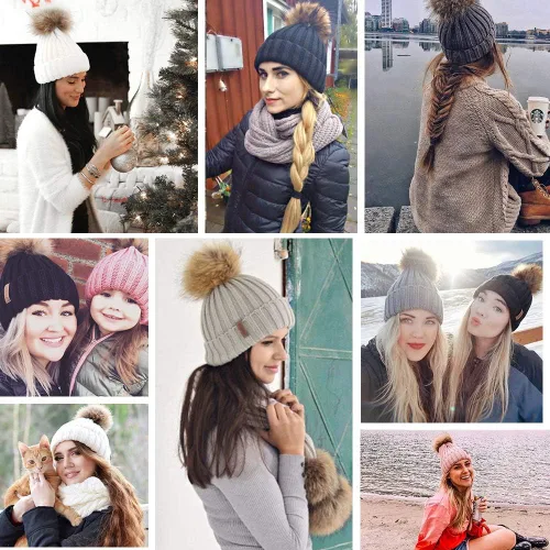 Vista 5 de FURTALK - Gorro de punto para el invierno con pompón de piel sintética, cálido, para mujeres