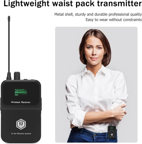 Vista 4 de W IN-MIX EM100 UHF Sistema de monitor intrauditivo inalámbrico 1 Bodypacks Sistema IEM mono, tecnología PLL, rango de 300 pies, latencia ultrabaja