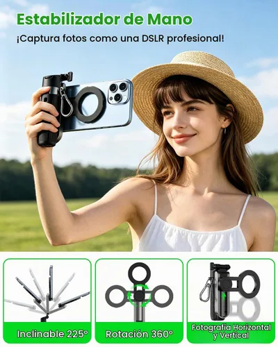 Vista 5 de CloudValley Palo magnético para selfie y mini trípode, estabilizador de mano extensible de rotación de 360°, agarre de cámara con control remoto