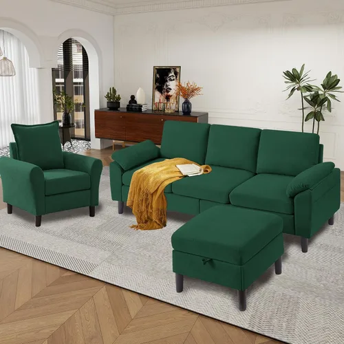 Vista 8 de Juego de sofá seccional convertible de 79", sofá moderno pequeño en forma de L de lino con otomana reversible y silla de acento, sofás de 3 asientos